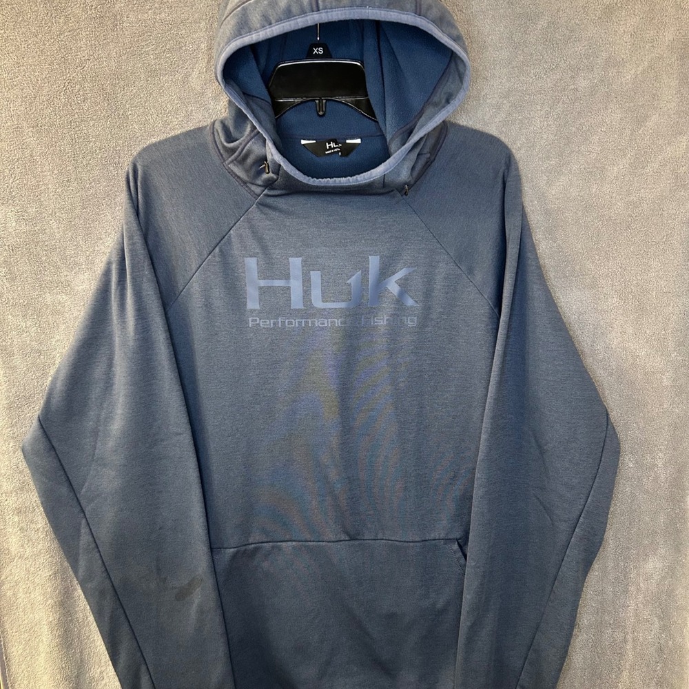 Huk Performance Fishing Hoodie Mens XL Blue Heather Fleece Lined Pullover Logo